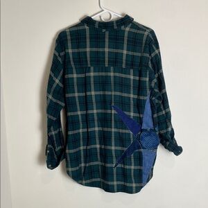 Handcrafted Sewn Green Flannel Denim Sun Print Unique Shirt Size M